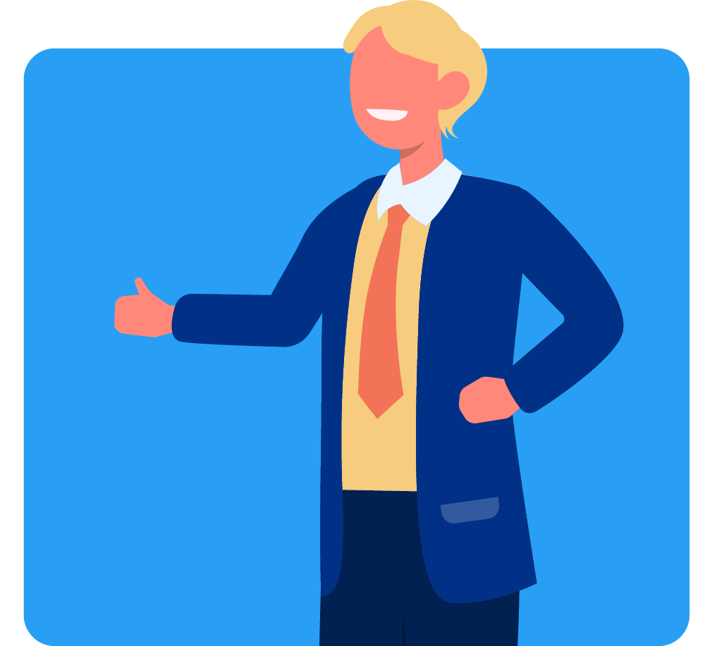 Illustration of a person with blond hair wearing a blue jacket, white shirt, and orange tie, giving a thumbs-up gesture with a blue background. This image could represent the friendly and approachable nature of virtual assistants.