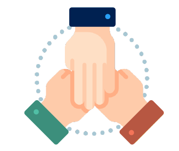 Three hands from different directions stacked together, surrounded by a dotted circle, symbolizing the collaboration of virtual assistants.