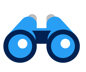 Illustration of a pair of blue binoculars with two large lenses, depicted in a simple and minimalistic style, reminiscent of tools used by virtual assistants.