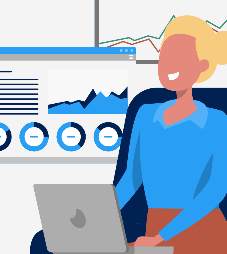 A person with a bun hairstyle sits at a desk with an open laptop, likely collaborating with virtual assistants. Behind them, graphs and charts are displayed on a large screen.