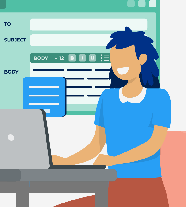 Illustration of a person with blue hair typing on a laptop, with an email template including fields for "To," "Subject," and "Body" displayed in the background, evoking the efficiency of virtual assistants.