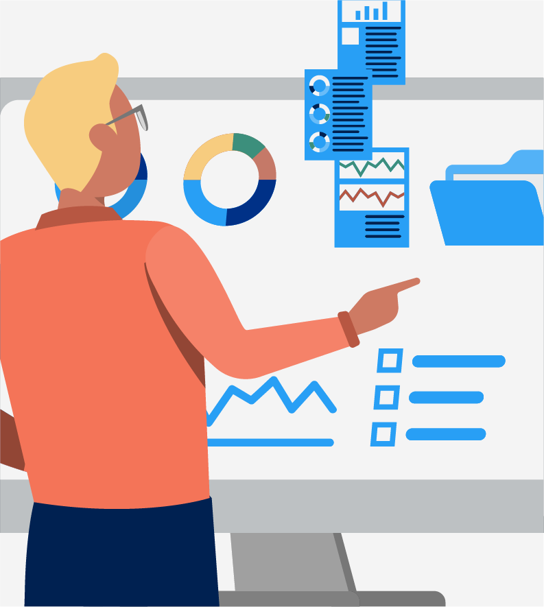 Person with glasses is analyzing charts and graphs on a large screen with the aid of virtual assistants. They are pointing at one of several graphical elements displayed, including pie charts, bar graphs, folders, and line charts.