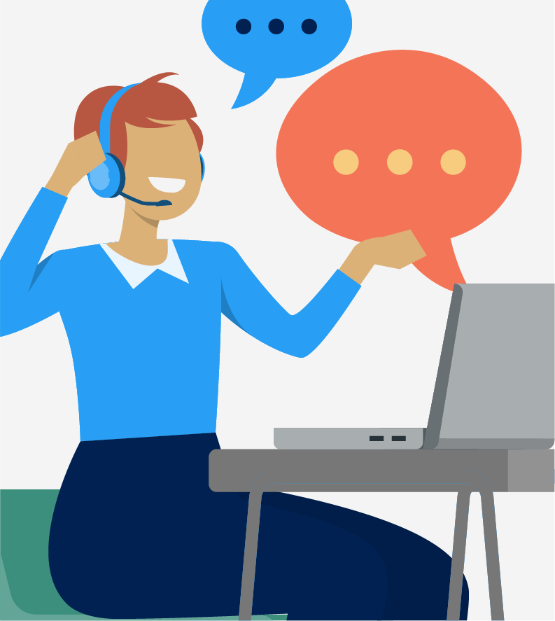 Illustration of a person wearing a headset, speaking, and using a laptop, with speech bubbles indicating conversation, reminiscent of engaging dialogues with virtual assistants.