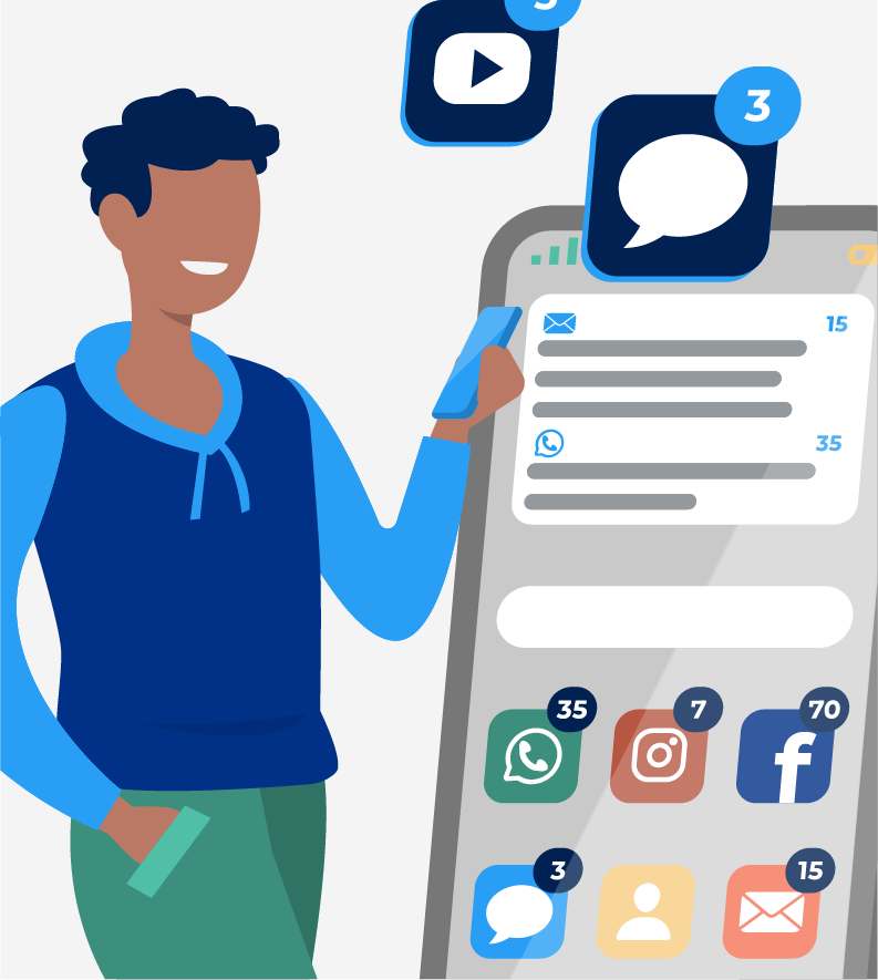 Illustration of a person holding a smartphone with notification icons from various social media apps, including Facebook, Instagram, Twitter, WhatsApp, and email, indicating unread messages. The scene suggests the potential for virtual assistants to help manage the overwhelming flow of notifications.