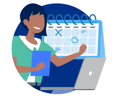 Illustration of a person holding a clipboard, pointing to a calendar with a marked date, and standing near an open laptop, depicting how virtual assistants can help manage schedules efficiently.