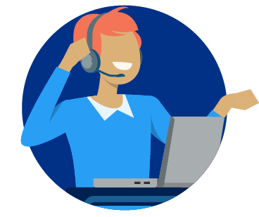 Illustration of a person with red hair wearing a headset, gesturing with one hand, and using a laptop. The person, possibly one of many virtual assistants, is depicted within a dark blue circular background.