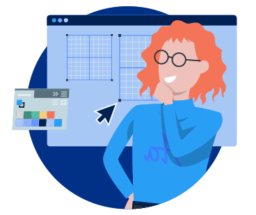 Illustration of a person with red hair and glasses standing in front of a design interface, with a color palette and selection tool visible on the screen, accompanied by virtual assistants offering creative suggestions.