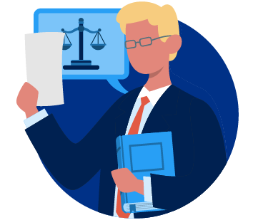 Illustration of a person in a suit holding a document and a book, with a speech bubble containing a scales of justice icon behind them, symbolizing the support virtual assistants offer in legal professions.