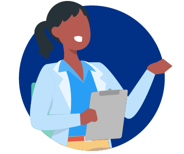 Illustration of a person with dark hair in a ponytail, wearing a light blue lab coat and a blue shirt, holding a clipboard and gesturing with their other hand, emphasizing the importance of virtual assistants.