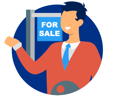 Illustrated person in a suit and tie standing next to a "For Sale" sign, gesturing with one arm, much like how virtual assistants present listings online.