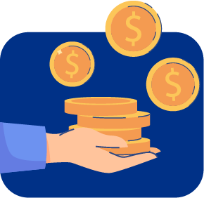 Illustration of a hand holding a stack of coins with three coins above, all featuring dollar signs, set against a blue background. This represents the financial benefits that virtual assistants can bring to businesses.
