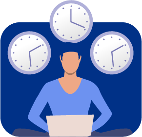 A person sits with a laptop in front of three clocks showing different times against a blue background, efficiently coordinating tasks with virtual assistants.