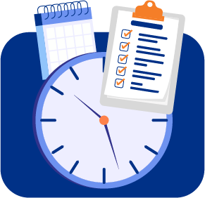 An illustration of a clock with a clipboard showing a checklist and a calendar in the background, perfect for virtual assistants managing their tasks.