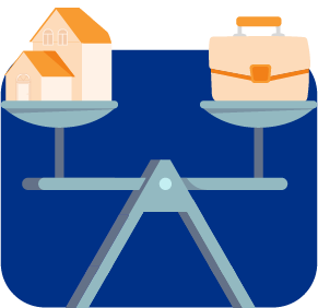 A scale balancing a house on the left and a briefcase on the right against a blue background, symbolizing the harmony between home life and work facilitated by virtual assistants.