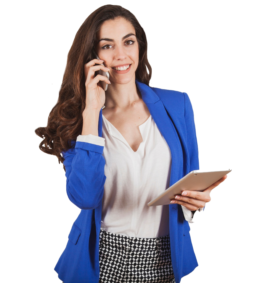 A sales virtual assistant multitasking with a phone call and a tablet.