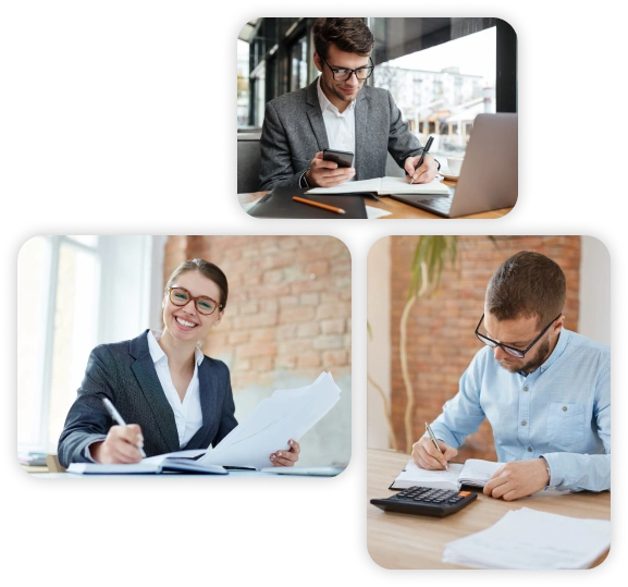 Four pictures of people working at a desk.