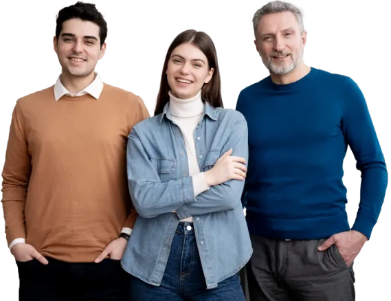 Three individuals posing in front of a blank backdrop.