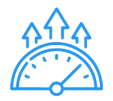 A blue line icon of a speedometer with arrows designed by a Graphic Design Assistant.