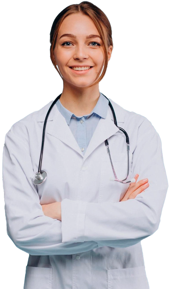 A female doctor posing with her arms crossed confidently.