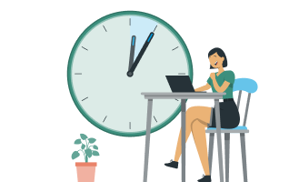A woman sitting at a desk with a clock in front of her, working as a Virtual Assistant.