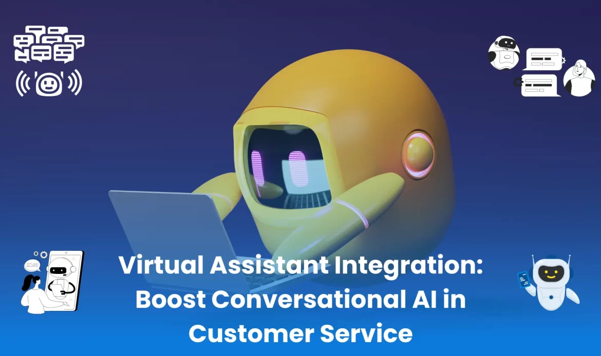 A futuristic virtual assistant depicted with a headset and laptop, symbolizing the enhancement of customer service through Conversational AI in customer service integration.